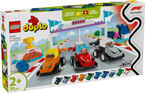 LEGO DUPLO F1 meeskonna võidusõiduautod ja sõitjad