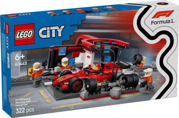 LEGO City F1 boksipeatus ja boksimeeskond Ferrari autoga
