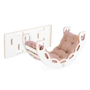 PLUSH NEST Small Rocker 4-in-1 kiikeder + ronimissein/libisemine + padi (beež/kuldne Velvet), valge Wooden Play