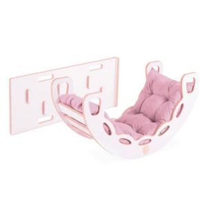 PLUSH NEST Small Rocker 4-in-1 kiikeder + ronimissein/libisemine + padi (roosa Velvet), valge Wooden Play