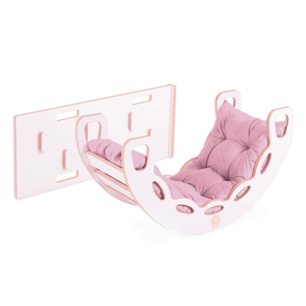 PLUSH NEST Small Rocker 4-in-1 kiikeder + ronimissein/libisemine + padi (roosa Velvet), valge Wooden Play