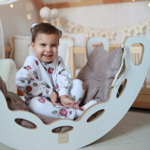 PLUSH NEST Small Rocker 4-in-1 kiikeder + ronimissein/libisemine + padi (beež/kuldne Velvet), valge Wooden Play - pilt 10
