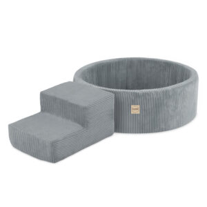 PLUSH NEST Mänguväljak Kuivbassein 90x30 + astmed (+200 palli: pärl, hõbedane, helesinine), hall, premium corduroy - pilt 4
