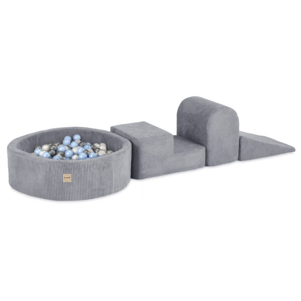 PLUSH NEST Mänguväljak 3 elementi + kuiv bassein 90x30 (+200 palli: pärl, hõbedane, helesinine), hall, premium corduroy