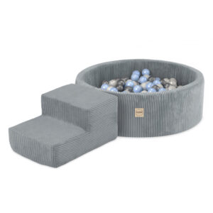 PLUSH NEST Mänguväljak Kuivbassein 90x30 + astmed (+200 palli: pärl, hõbedane, helesinine), hall, premium corduroy