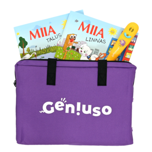 Geniuso MIIA põhikomplekt: pliiats, rääkivad raamatud "Talus" ja "Linnas" ning kandekott